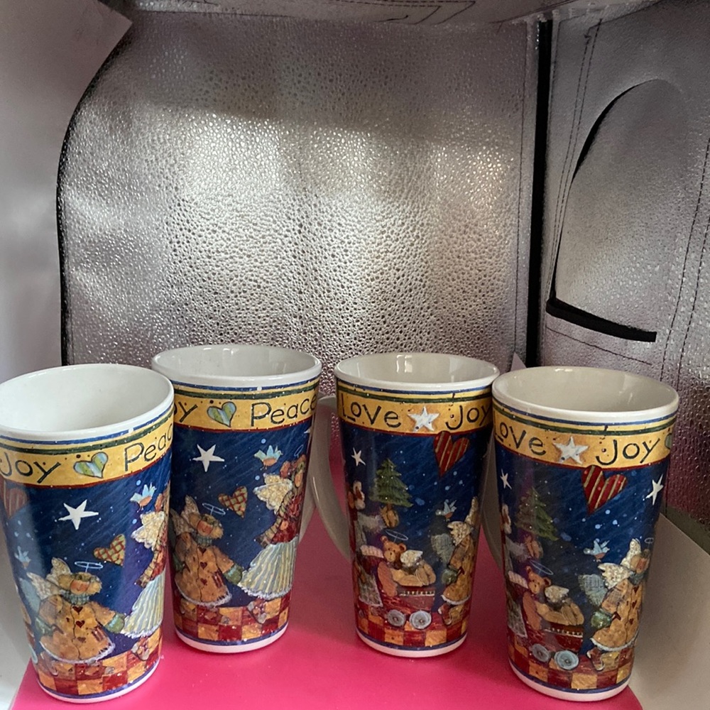 Susan Winget Holiday mugs 6”tall top diameter is 3.5”